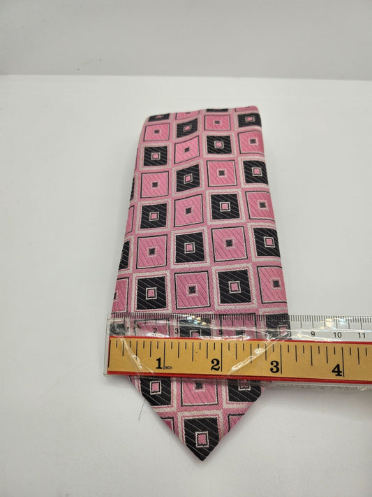 Tootal Silk Tie Mens Pink Black Geometric Square Vintage Wedding Neck Tie BX25