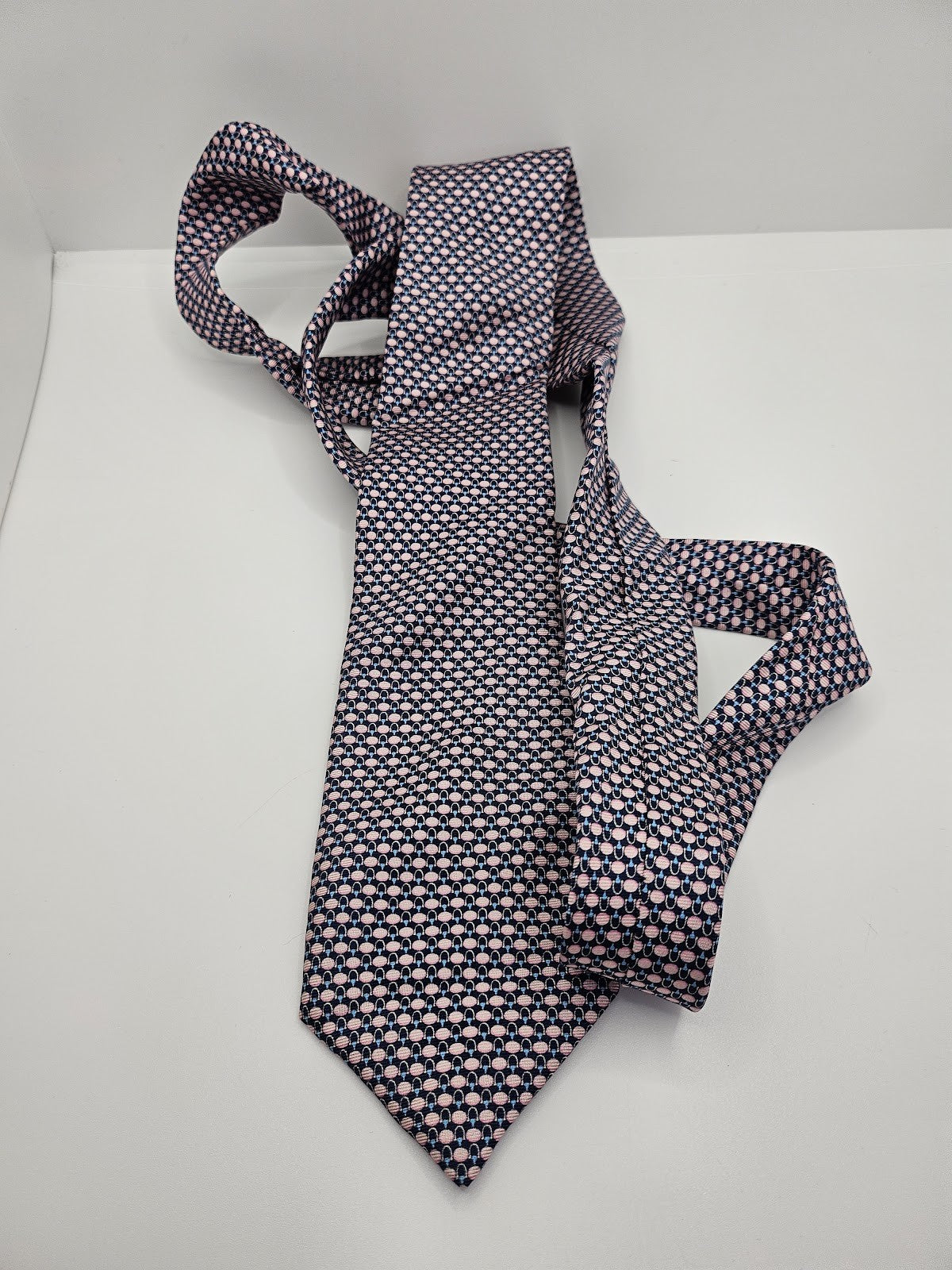T.M.Lewin Mens Silk Tie Pink Navy Geometric Vtg Retro Wedding Neck Tie