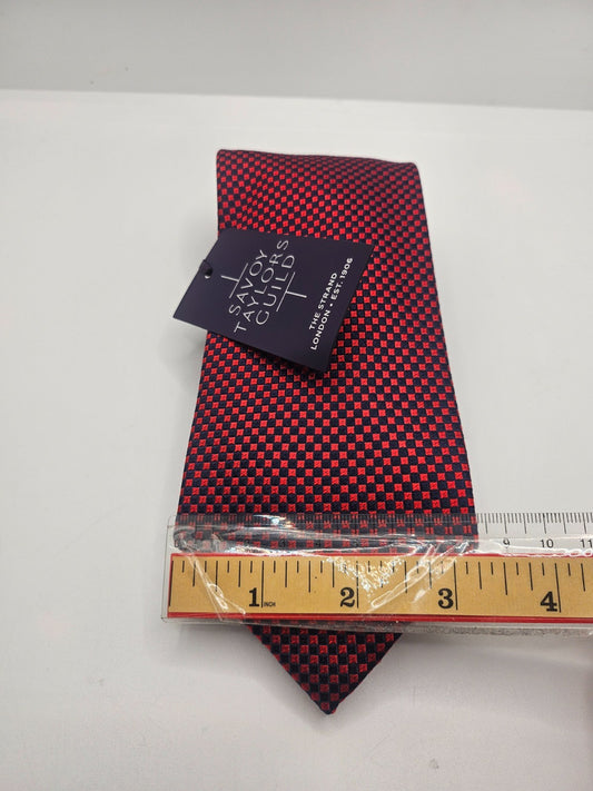 Savoy Taylors Guild Silk Tie Mens Red Navy Check Wedding Retro Vtg Neck Tie BX18