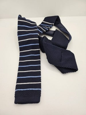 Tigre Amore Skinny Knitted Navy Tie Men Striped Woven Square End Necktie Mod Mens Vintage Retro