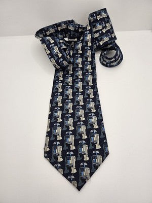 Star Wars Silk Tie Mens Blue Grey R2-D2 Droid Novelty Vtg Wedding Clearance Vintage Retro