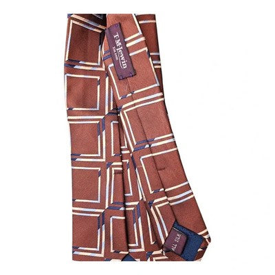 TM Lewin Brown Retro Square Panel Silk Tie Mens Vintage Wedding Formal Designer Classic Necktie