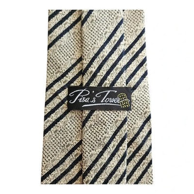 Pisa's Tower Beige and Navy Striped Silk Tie Mens Vintage Retro Wedding Formal Designer Classic