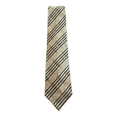 Pisa's Tower Beige and Navy Striped Silk Tie Mens Vintage Retro Wedding Formal Designer Classic