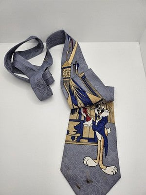 Golden King Cat Silk Tie Mens Grey Blue Bugs Bunny Novelty Vtg Neck Clearance Vintage Retro