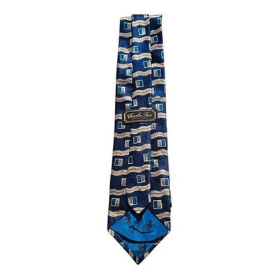 Charles Fox Savile Row Blue Wavy Design Tie Mens Vintage Retro Wedding Formal Designer Classic