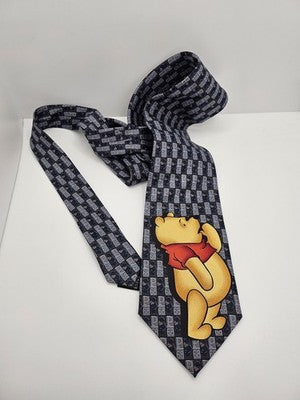 Disney Store Silk Tie Mens Grey Blue Winnie the Pooh Novelty Neck Tie Clearance Vintage Retro