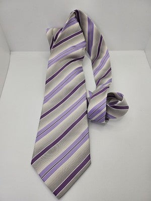 Aquascutum Silk Tie Mens Purple Grey Striped Vtg Wedding Neck Tie Vintage Retro Formal Designer
