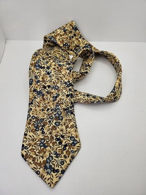 Liberty Silk Tie Mens Beige Blue Brown Floral Berries Vtg Wedding Neck Tie Vintage Retro Formal