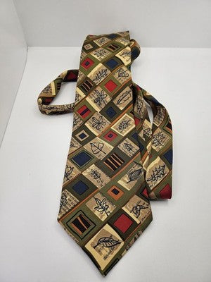 Yves Saint Laurent Silk Tie Mens Green Geometric Leaf Vtg Wedding Neck Tie Vintage Retro Formal