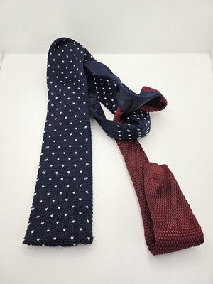 Skinny Knitted Navy Tie Men Polka Dot Woven Square End Necktie Mod Mens Vintage Retro Wedding