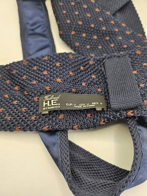 H.E. by Mango Skinny Knitted Navy Tie Men Polka Dot Square End Necktie Mod Mens Vintage Retro