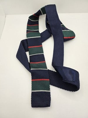 Skinny Knitted Navy Tie Men Striped Woven Square End Necktie Mod Mens Vintage Retro Wedding