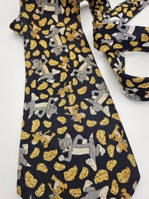 Tom and Jerry Silk Tie Mens Black Yellow Grey Cartoon Novelty Vtg Clearance Vintage Retro