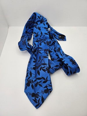 Duchamp London Silk Tie Mens Blue Black Floral Leaf Wedding Neck Tie Vintage Retro Formal