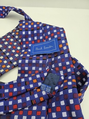 Paul Smith Silk Tie Mens Blue Red Orange Geometric Squares Retro Neck Clearance Vintage Wedding