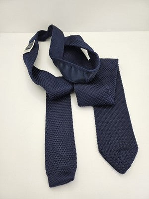 MandS Skinny Knitted Navy Tie Men Plain Woven Square End Necktie Mod Mens Vintage Retro Wedding