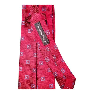 Austin Reed Red Silk Tie with Blue Square Pattern Mens Vintage Retro Wedding Formal Designer