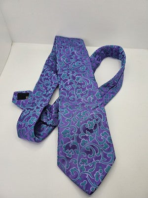 Duchamp London Silk Tie Mens Purple Teal Floral Scroll Vtg Wedding Neck Tie Vintage Retro