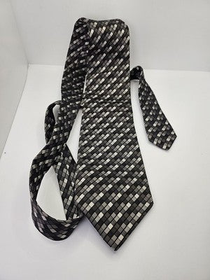 Kenzo Homme Silk Tie Mens Black Grey Silver Geometric Check Wedding Neck Tie Vintage Retro