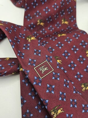 Burberrys Silk Tie Mens Burgundy Floral Knight Crest Vtg Wedding Neck Clearance Vintage Retro