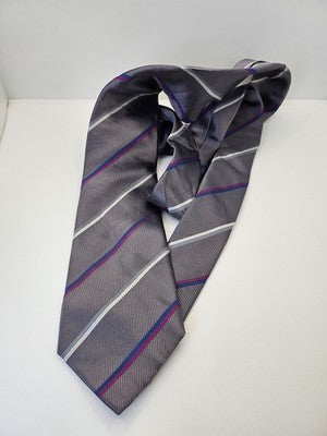 Charles Tyrwhitt Silk Tie Mens Grey Purple Blue Striped Wedding Neck Tie Vintage Retro Formal