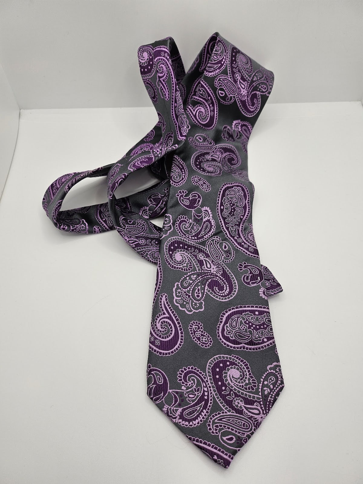 Marks & Spencer Mens Silk Tie Grey Purple Paisley Vtg Retro Wedding Neck Tie