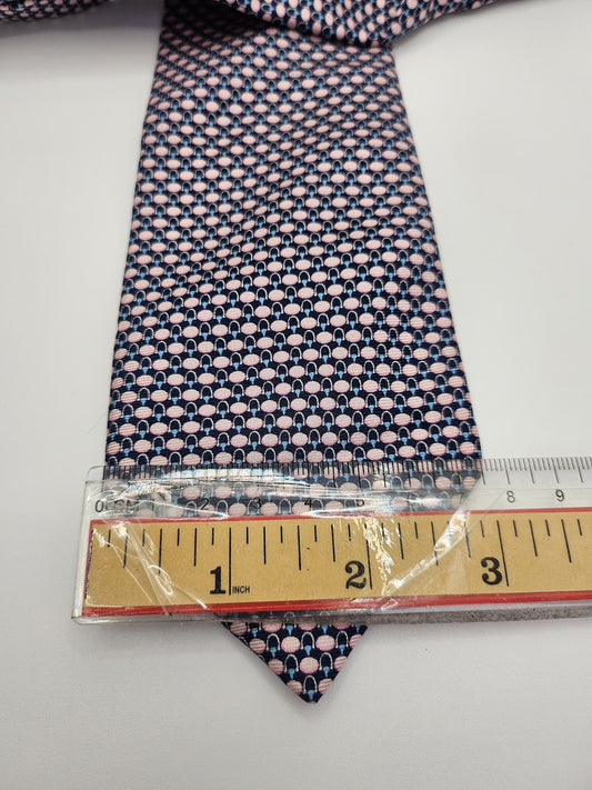 T.M.Lewin Mens Silk Tie Pink Navy Geometric Vtg Retro Wedding Neck Tie