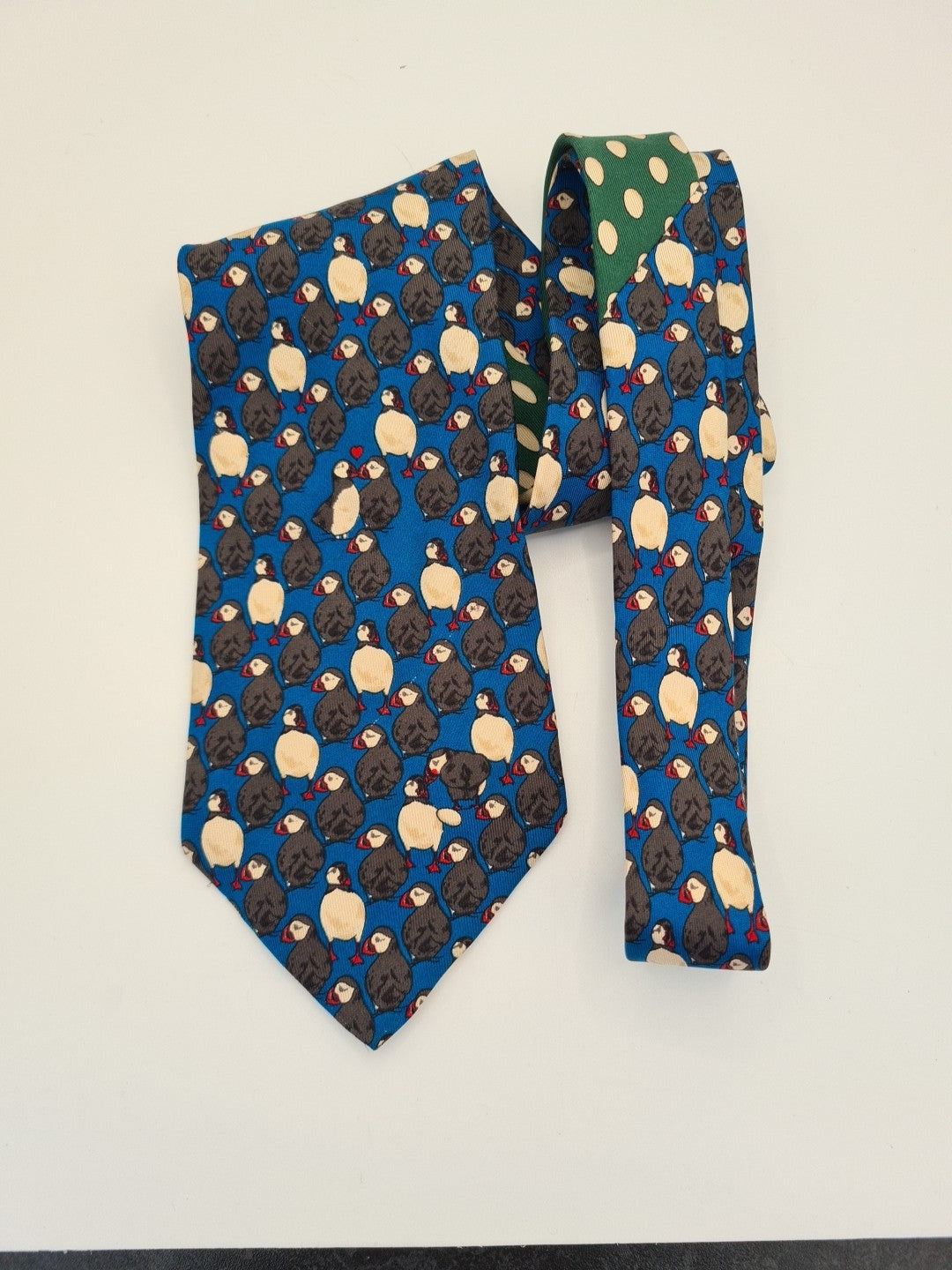 Blue Whiskey Puffin bird Pattern Silk Tie | Designer Mens Tie UK Vintage Mens Tie UK BX14