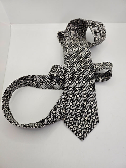 Drakes Mens Silk Tie Black Grey Geometric Square Vtg Retro Wedding Neck Tie R9