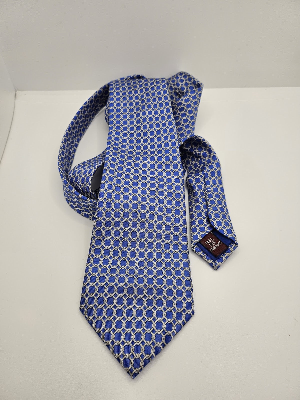 T.M.Lewin Mens Silk Tie Blue Geometric Chain Vtg Retro Wedding Neck Tie