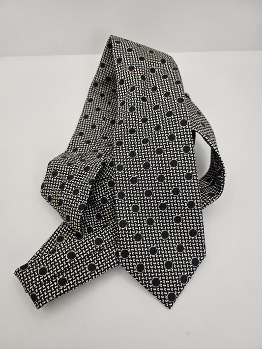 Drakes Mens Silk Tie Black Grey Medalion Polka Dot Vtg Retro Wedding Neck Tie R9