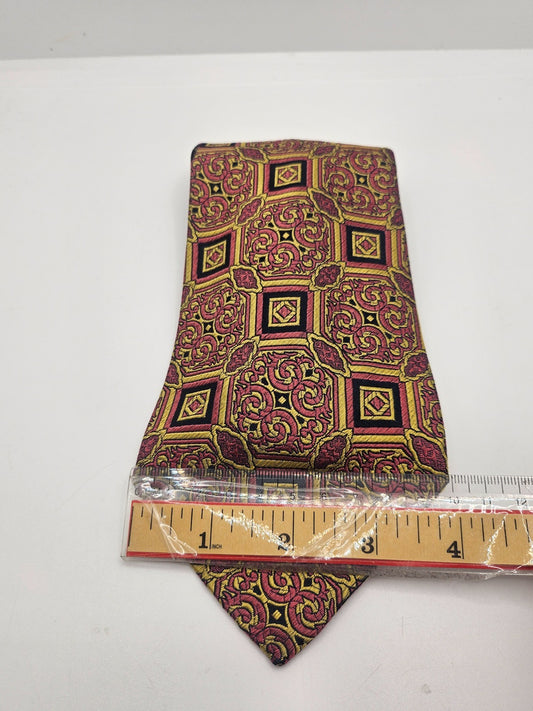 Emendy Silk Tie Mens Red Gold Medallion Print Wedding Vintage Retro Necktie BX24
