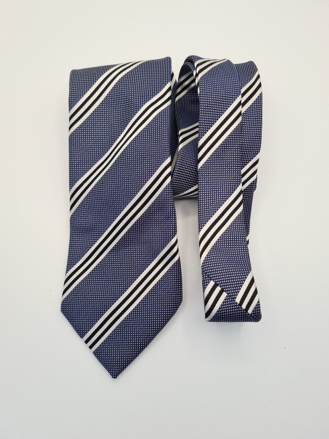 M & S Blue Stripe Formal Work Silk Tie | Designer Mens Tie UK Striped Vintage Mens Tie UK BX13