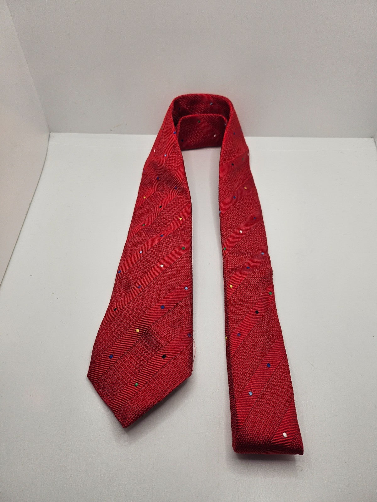 Charles Tyrwhitt Silk Tie Mens Red Textured Stripe Polka Dot Retro Neck Tie BX21