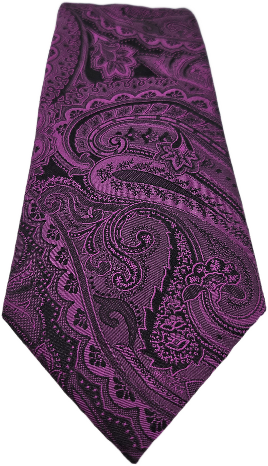 Hugo Boss Silk Tie Mens Purple Black Paisley Textured Retro Wedding Neck Tie BX2 Vintage Formal