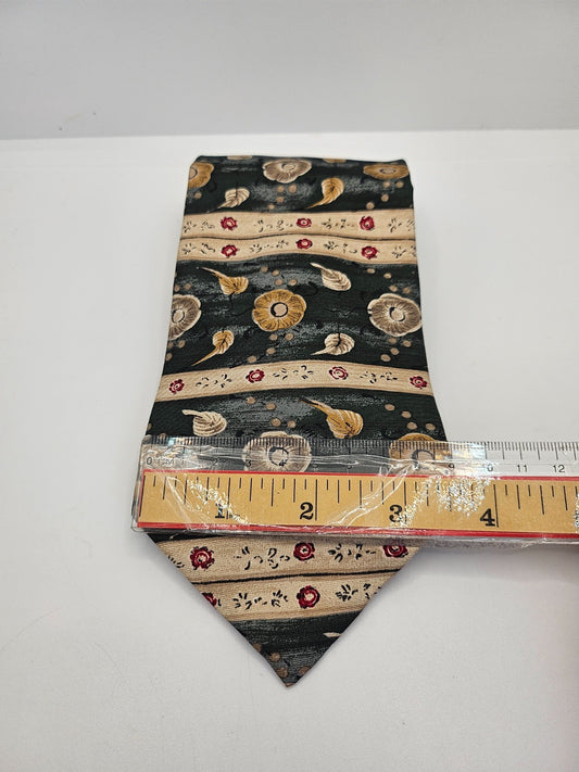 Vtg Mens Silk Tie Marks and Spencer Green Tan Floral Statement Retro Neck Tie BX25 Vintage
