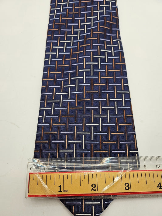 T.M. Lewin Navy Blue Geometric Interlocking Grid Silk Tie