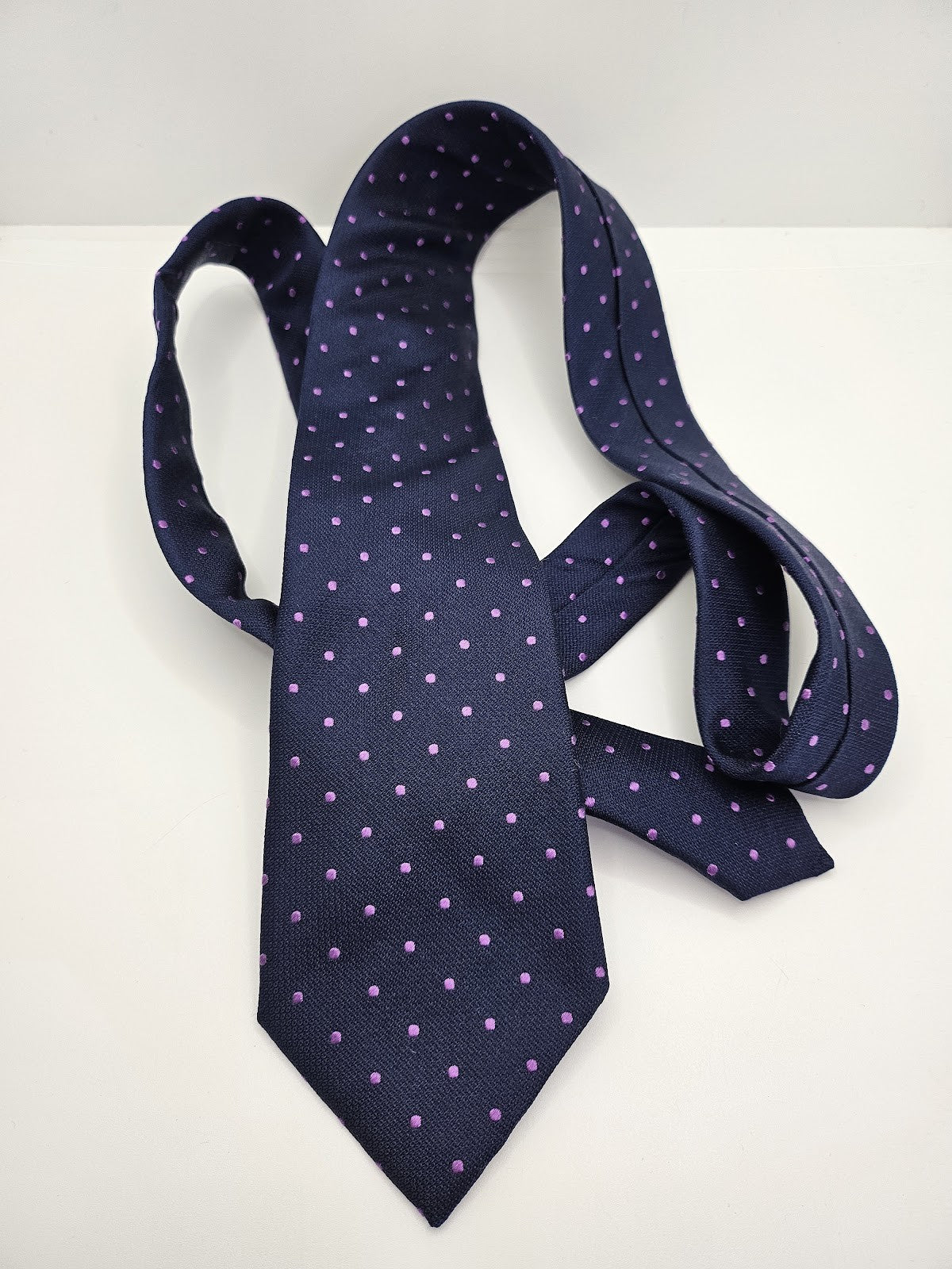 T.M.Lewin Mens Silk Tie Navy Blue Dotted Vtg Retro Wedding Neck Tie