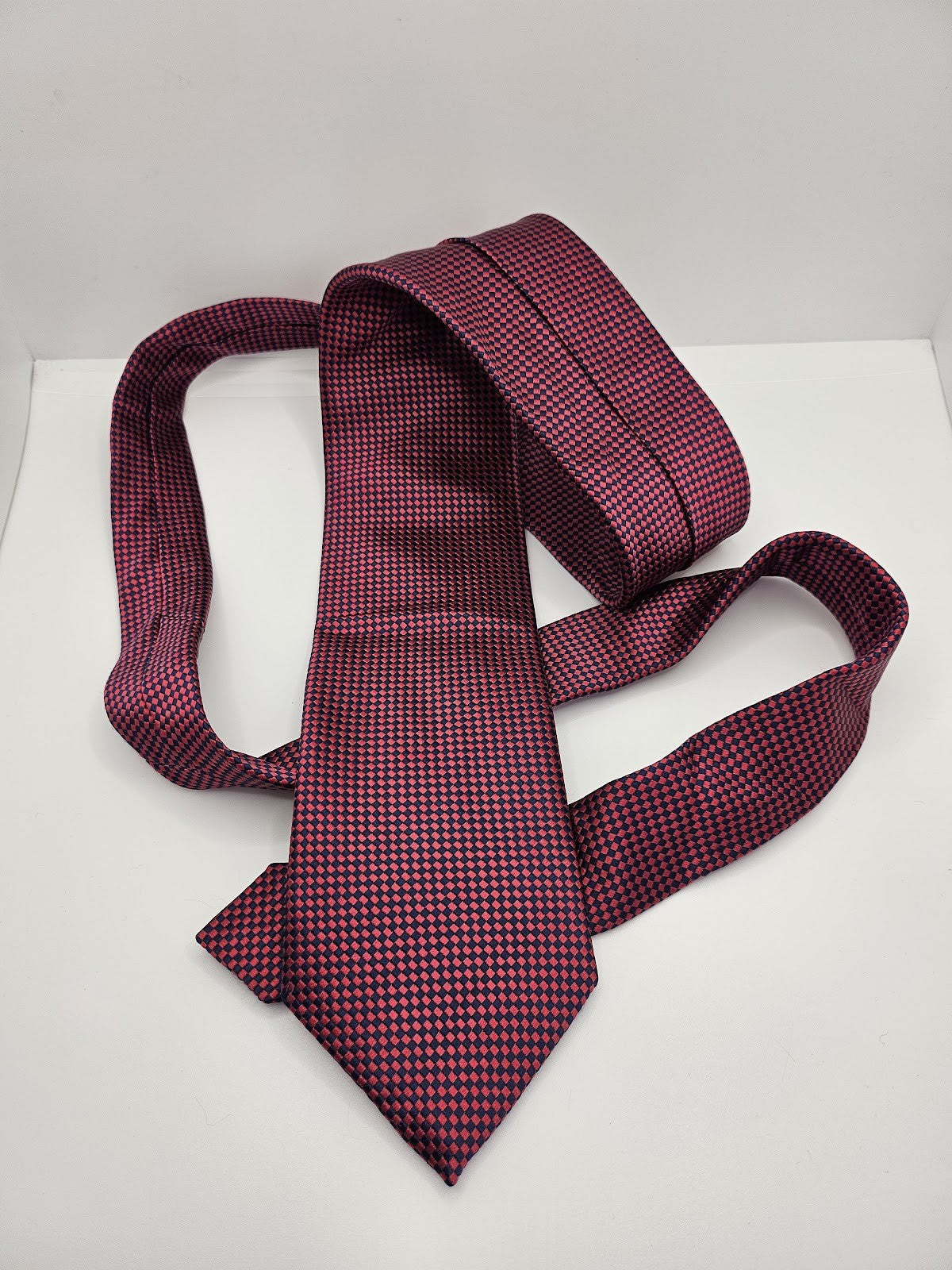 M&S Mens Tie Red Navy Geometric Checked Vtg Retro Wedding Neck Tie