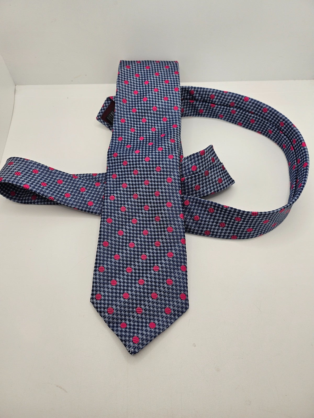 Marks & Spencer Silk Tie Mens Navy Blue Pink Polka Dot Micro Retro Neck Tie BX2