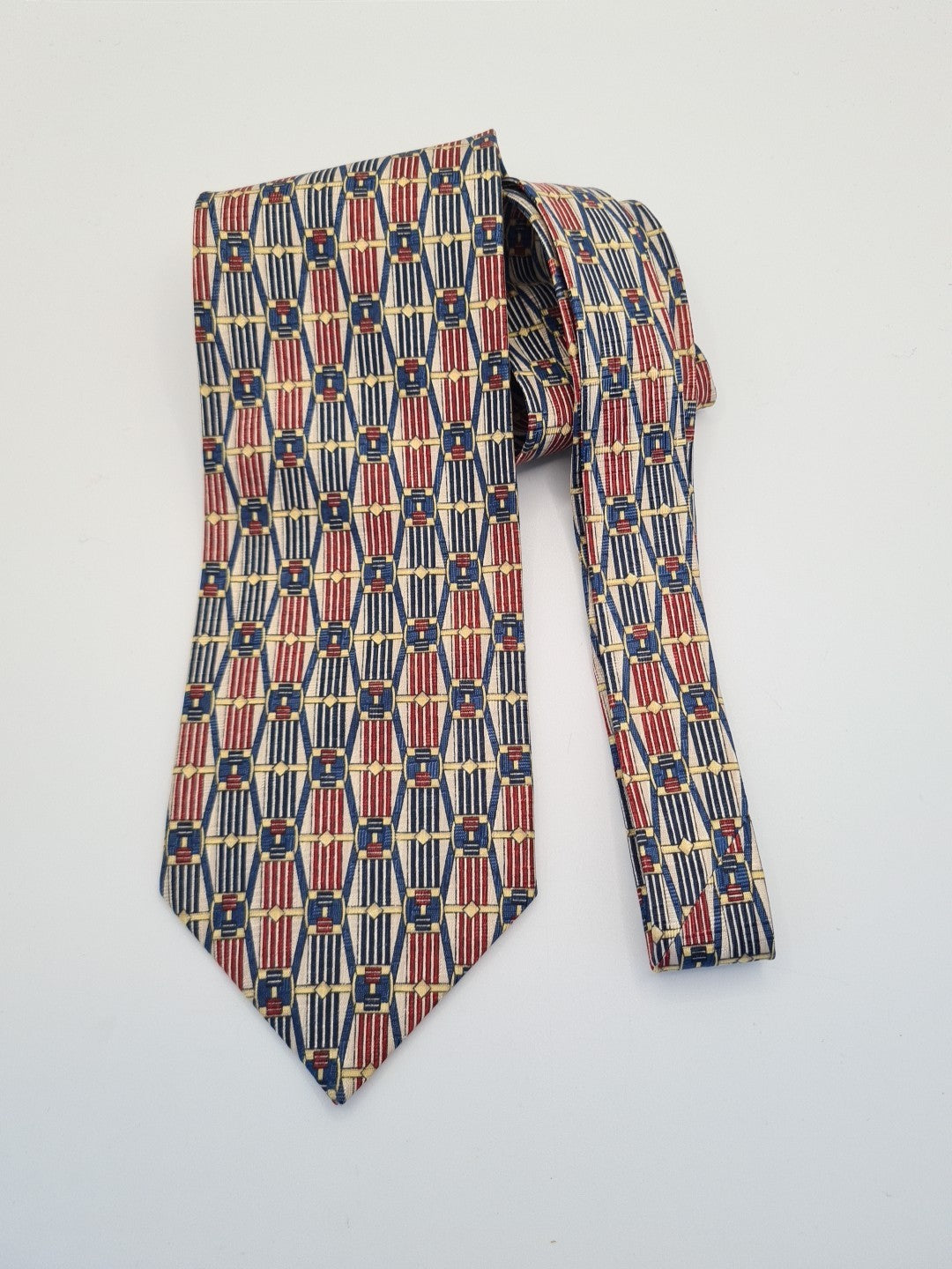 Red / Blue Vintage Belt Pattern Wide Silk Tie | Designer Mens Tie UK Vintage Mens Tie UK BX14