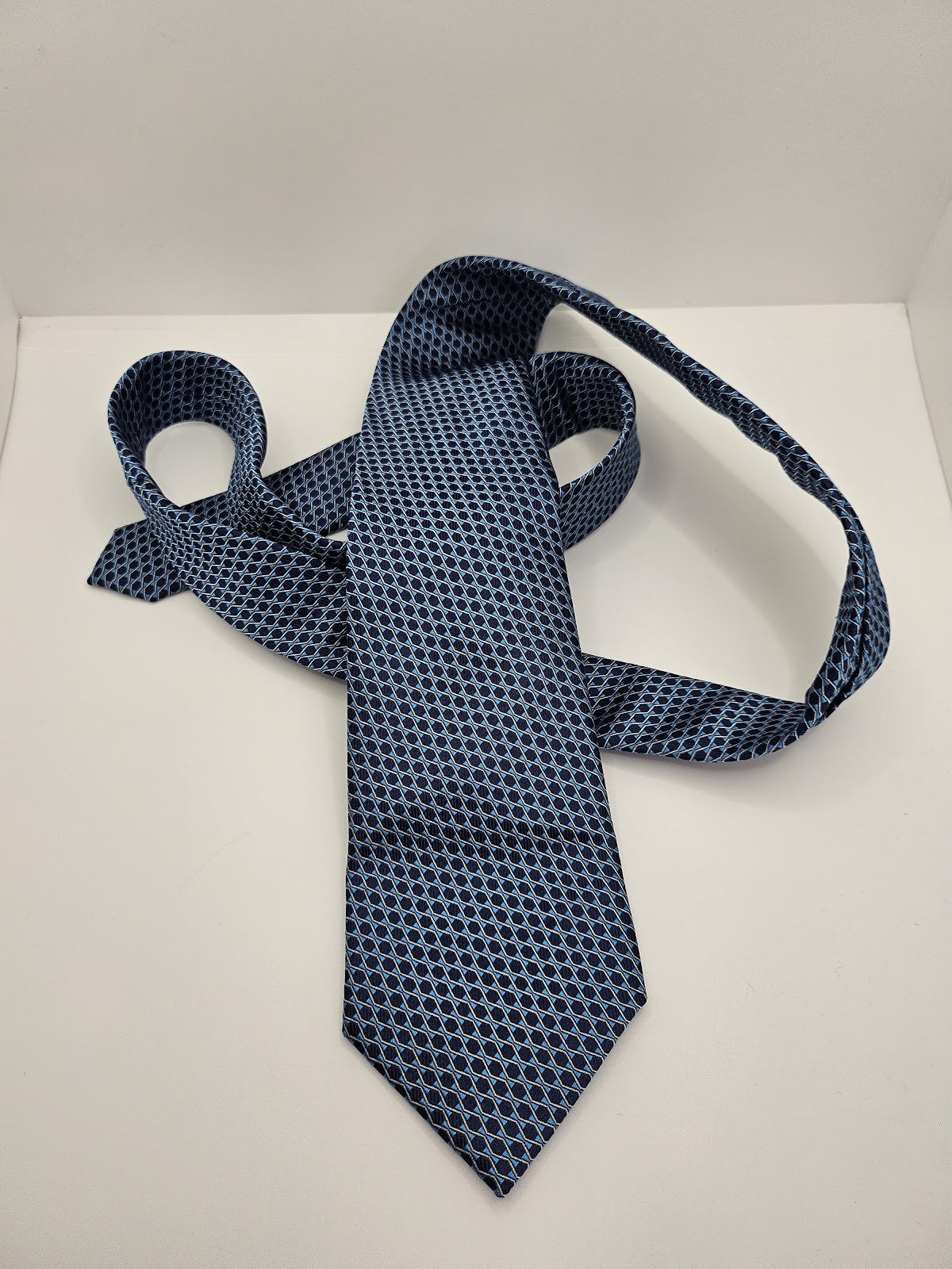 T.M.Lewin Mens Silk Tie Blue Geometric Vtg Retro Wedding Neck Tie