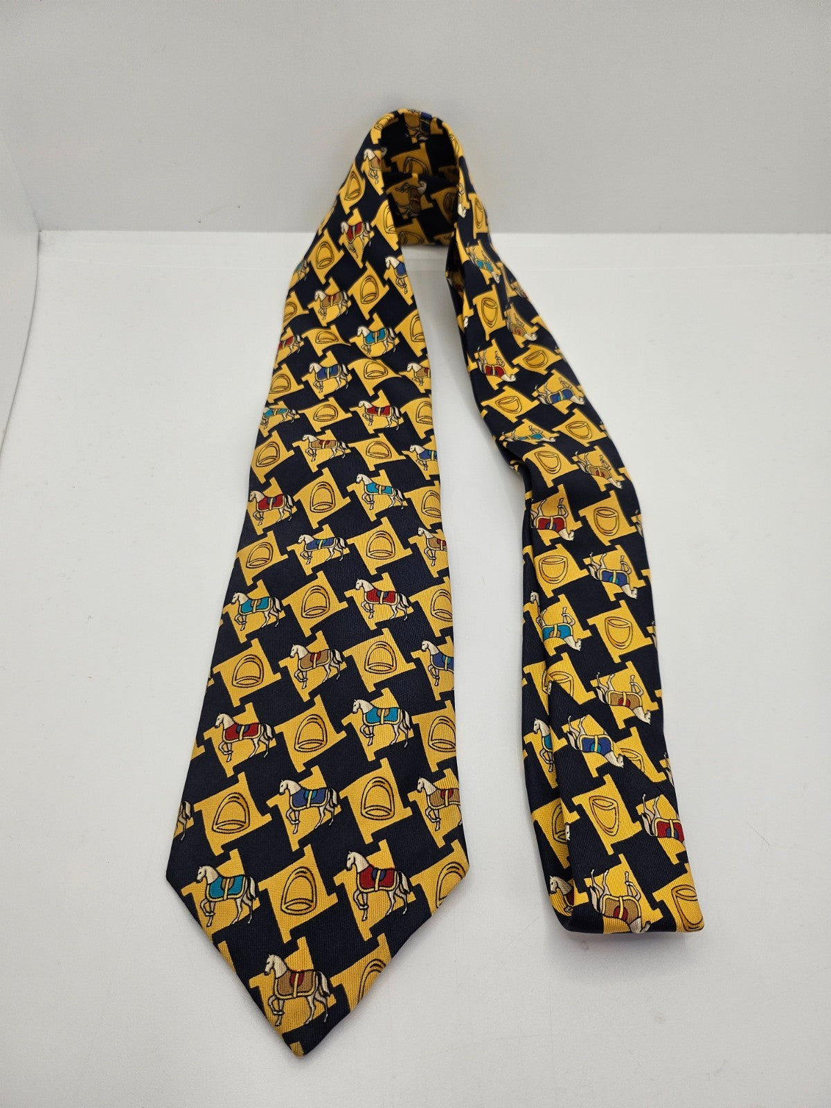 Thomas Pink Silk Tie Mens Black Yellow Equestrian Horse Novelty Vtg Necktie BX26