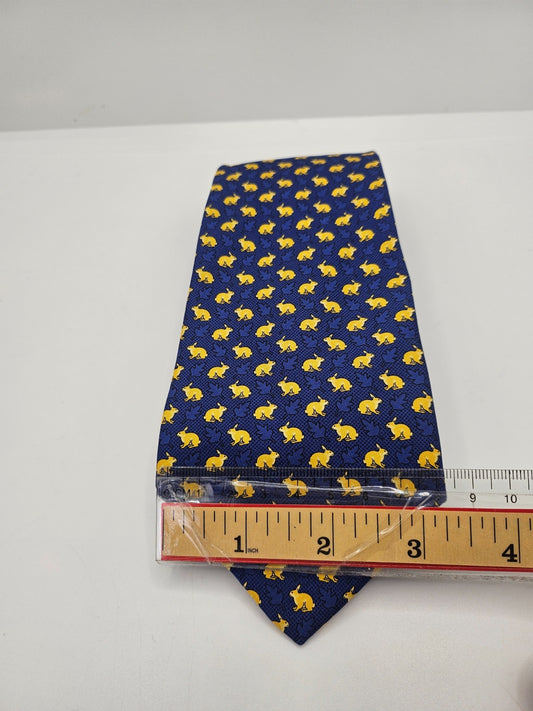 PINK London Silk Tie Mens Navy Yellow Rabbit Pattern Novelty Wedding Necktie BX2