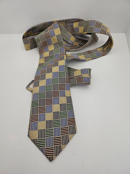 Turnbull & Asser Mens Silk Tie Blue Gold Geometric Vtg Retro Wedding Neck Tie R9