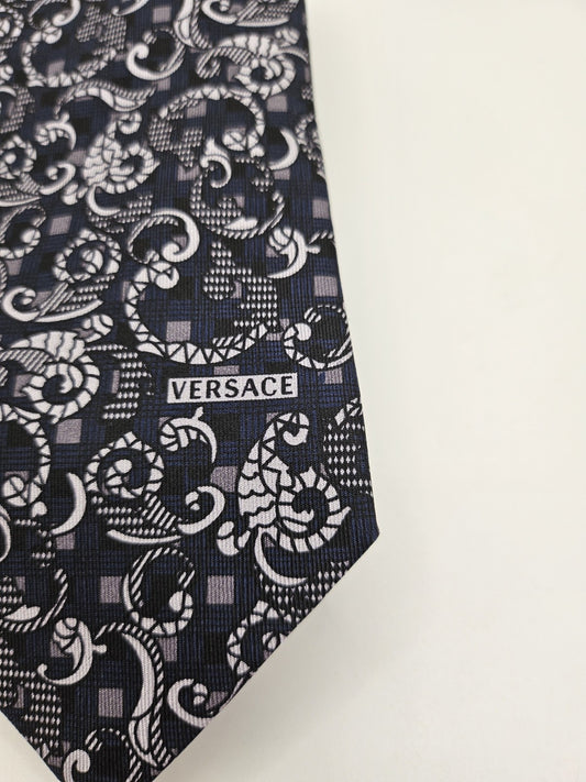 Versace Mens Silk Tie Blue/Grey Paisley Vtg Retro Designer Neck tie BX19