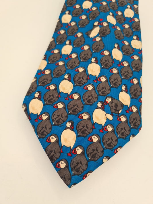 Blue Whiskey Puffin bird Pattern Silk Tie | Designer Mens Tie UK Vintage Mens Tie UK BX14