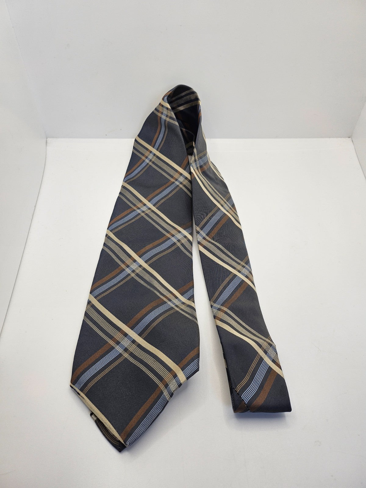 Vintage Men Silk Tie Marks Spencer Grey Yellow Check Designer Retro Necktie BX25