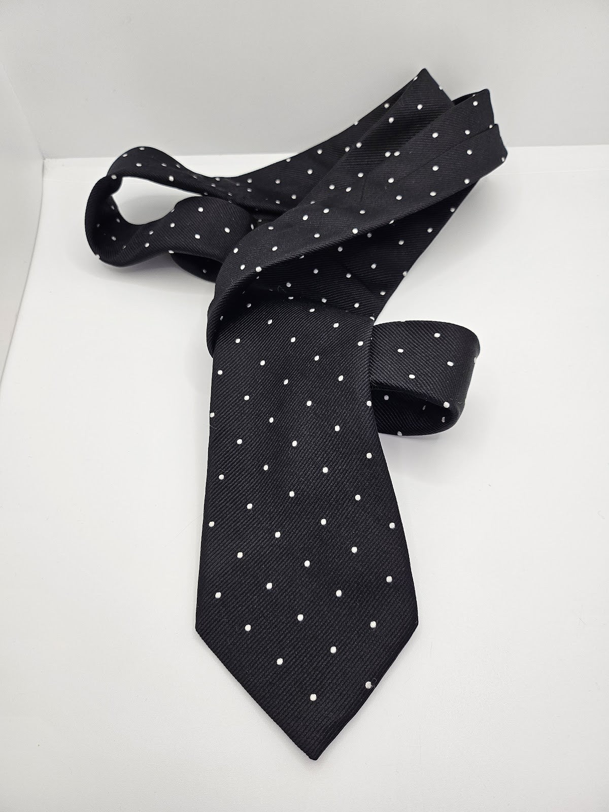 T M Lewin Mens Silk Tie Black White Polka Dot Vtg Retro Wedding Neck Tie